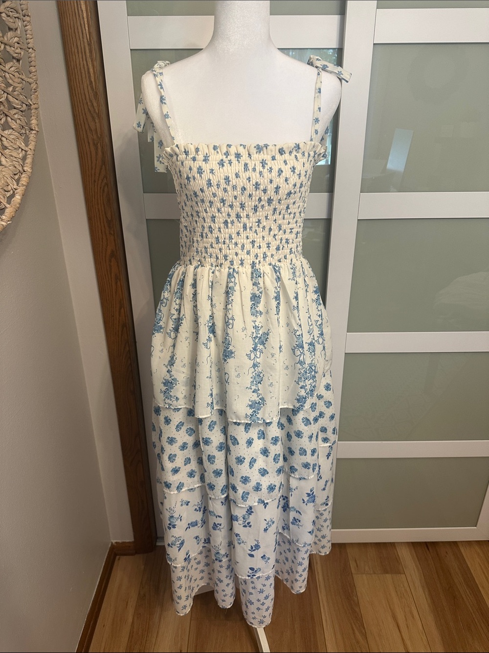 Crystal Doll Cream and Light Blue Floral Tiered Midi Dress